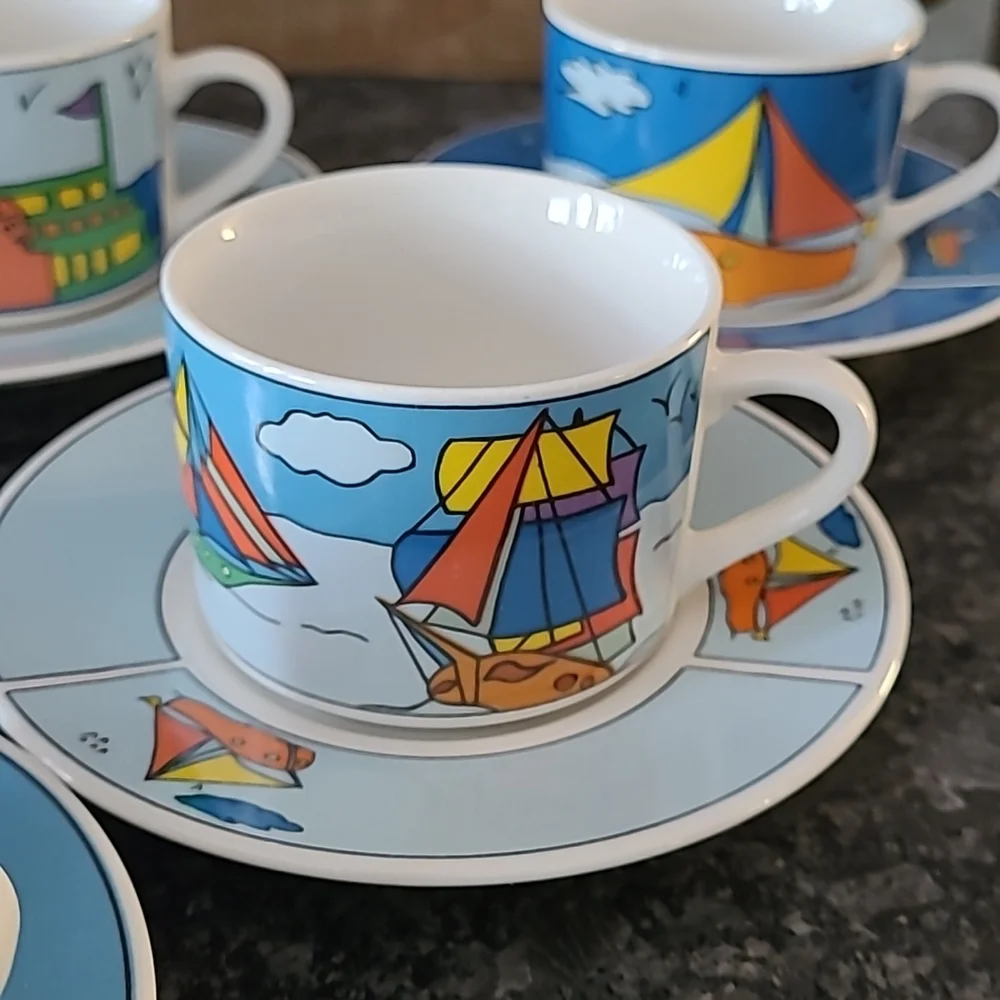 NEW - Nautical Themed Espresso Cups and Saucers - Set of 6 - Picture 3 of 14